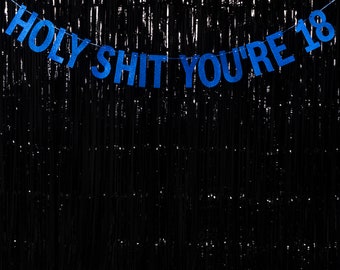 Holy Shit You're 18 - Blue/Pink/Gold/Silver - 2 sizes - Rude 18th Party Banner - 18th Birthday Party Banner - Hanging Glitter Banner