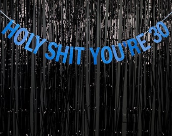Holy Shit You're 30 - Blue/Pink/Gold/Silver - Rude Party Banner - 30th Birthday Party Banner - 30 Birthday Party - Hanging Glitter Banner
