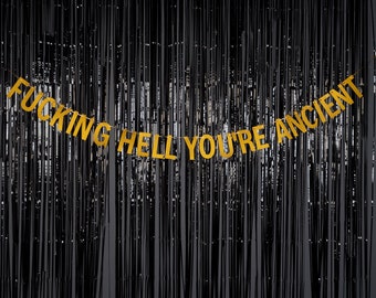 Fucking Hell You're Ancient - Gold, Silver, Blue or Pink - Adult Birthday Party Banner - Rude Birthday Banner - Hanging Glitter Party Banner