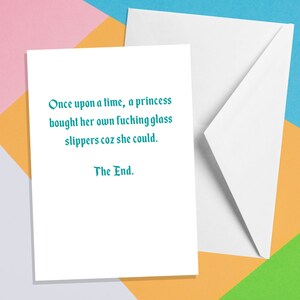 Er was eens - Glazen muiltjes - A5-kaart - Grappige kaart voor haar - Feministische kaart - Beste vriendkaart - Sprookjeskaart