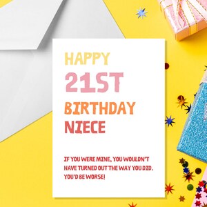 Joyeux 21e anniversaire de nièce - carte de nièce A5 - carte de 21e anniversaire pour nièce - carte de nièce de 21e anniversaire grossière - carte de 21e anniversaire nièce drôle