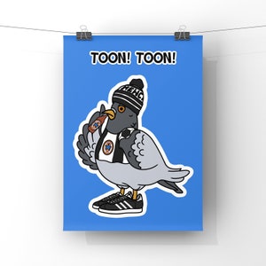 May include: A cartoon pigeon wearing a black and white hat with the word "Toon" on it, a black and white jersey with a blue star, and black and white trainers. The pigeon is holding a brown bottle in its beak and has a blue background with the text "Toon! Toon!" at the top.