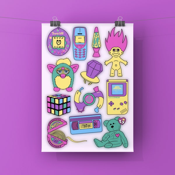 Retro 90s Print - Y2K, Vintage, Colourful, Aesthetic, Furby, Tamagochi, Nokia, Gameboy, Hubba Bubba, Troll, Bop It, Games, Gamer, Gift