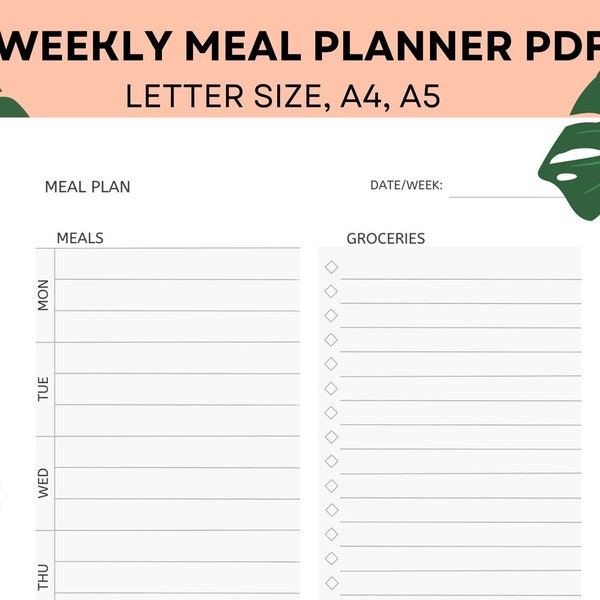 Printable Weekly Meal Planner with Grocery list - PDF Meal Plan Template, Letter Size Planner, A4 Meal Planner, A5 planner, Fitness and Diet