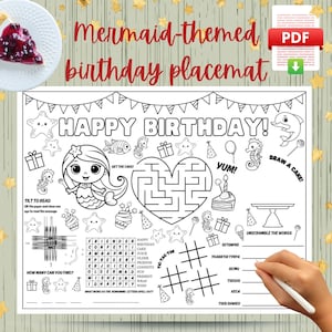 Printable Mermaid Birthday Placemat for Girls, Mermaid Birthday Coloring Page Activity Sheet Instant Download, Mermaid-themed Birthday