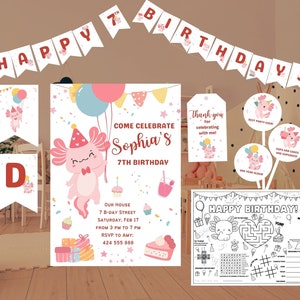 Ultimate Axolotl Birthday Pack Editable Invite and Printable Axolotl Birthday Banner, Thank You Tags, Axolotl Centerpiece and Placemat Girls