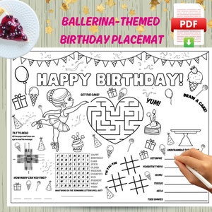 Printable Ballerina Birthday Placemat for Girls, Ballerina Birthday Coloring Page Activity Sheet Instant Download, Ballerina-themed Birthday