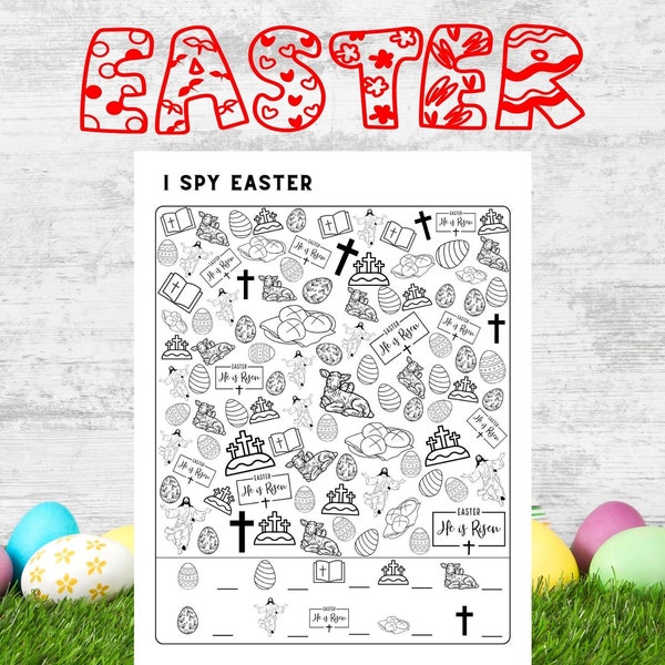 Printable I SPY EASTER Coloring page for kids - Christian Easter Activities - Christian PDF Downloadable I Spy Page, Easter Ideas
