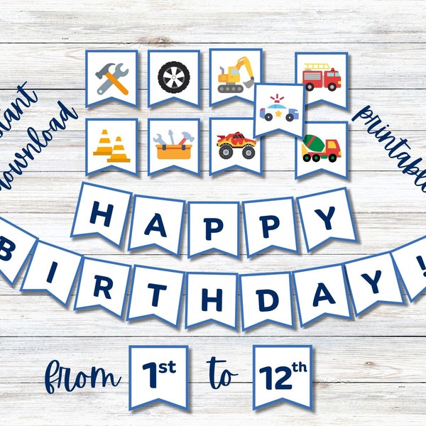 Printable Happy Birthday Truck Banner for Boys, Blue Banner, Age 1 thru 12 - Monster truck, Police, Firetruck, Excavator, Orange Cones