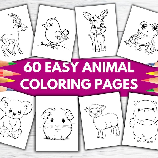60 Easy Coloring Pages For Kids, Toddlers, Preschoolers, Animal Coloring Book Simple Coloring Pages Homeschool Printable, Kindergarten