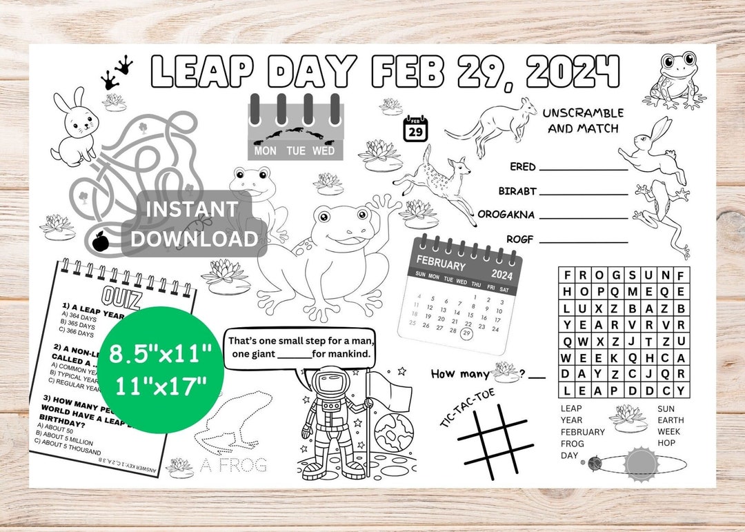 Printable Leap Day Placemat for Kids Letter Size 8.5x11 and 11x17, Leap Year Maze, Leap Day Word ...