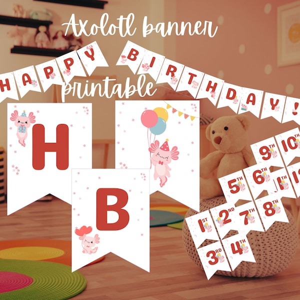 Printable Axolotl Banner with Numbers (1st, 2nd, 3rd, 4th, 5th, 6th, 7th, 8th, 9th, 10th, 11th, 12th Birthday) for Girls, Pink Axolotl