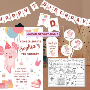 Editable Axolotl Invite Printable Axolotl Birthday Banner Axolotl Thank You Tags Axolotl Centerpiece and Placemat for Girls Axolotl Birthday