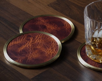 Leather & Brass Coaster, Solid Brass Coaster with Italian Leather Inlay