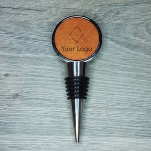 Custom Logo Engraved Bottle Stopper, Personalised Design Leather Inlay Wine Stopper with Business / Corporate Logo Branding