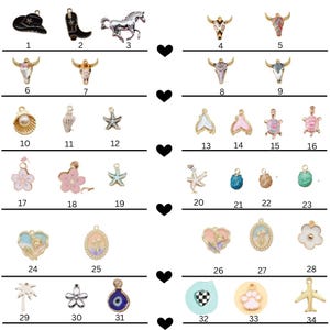 May include: A set of 34 gold-tone metal charms featuring a variety of designs, including animals, flowers, seashells, and geometric shapes. The charms are ideal for adding a touch of personality to jewellery, keychains, or other crafts.
