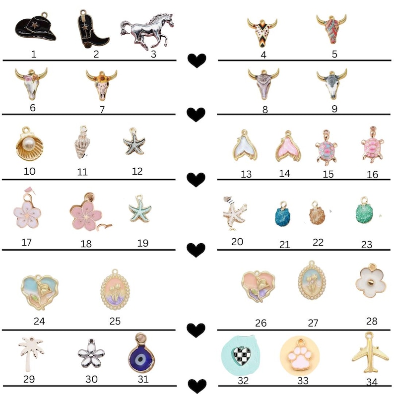 May include: A set of 34 gold-tone metal charms featuring a variety of designs, including animals, flowers, seashells, and geometric shapes. The charms are ideal for adding a touch of personality to jewellery, keychains, or other crafts.
