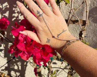 Gold or Silver Crystal Hand Chain Bracelet – Dainty Metal Finger Jewelry, Boho Festival Style, Minimalist Hand Jewelry for Women