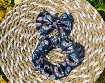 Rainbow Hair Bow, Navy Fabric Hair Bow, Rainbow Scrunchie, Baby Girl Hair Accessories, Glitter Hair Bow