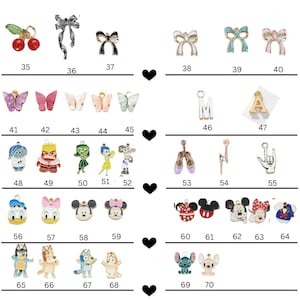 May include: Assortment of colourful metal charms featuring various designs, including bows, butterflies, letters, cartoon characters, and more. These charms are perfect for adding a touch of personality to jewellery, keyrings, and other crafts.