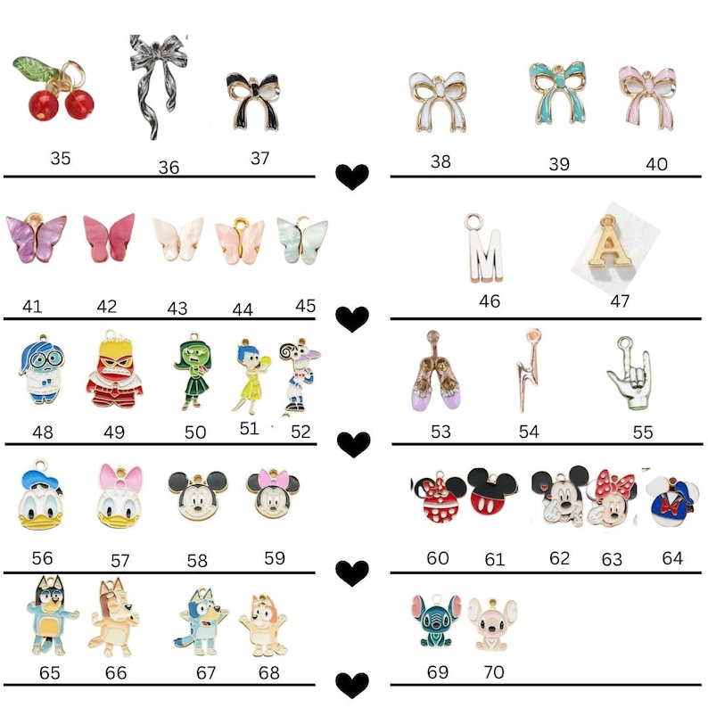 May include: Assortment of colourful metal charms featuring various designs, including bows, butterflies, letters, cartoon characters, and more. These charms are perfect for adding a touch of personality to jewellery, keyrings, and other crafts.