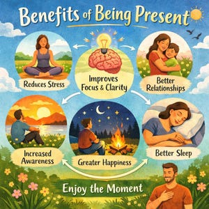 Peut inclure: Infographie illustrée intitulée « Benefits of Being Present » montrant des scènes de méditation, une meilleure concentration, de meilleures relations, une sensibilisation accrue, un plus grand bonheur et un meilleur sommeil. Le texte « Enjoy the Moment » est en bas.