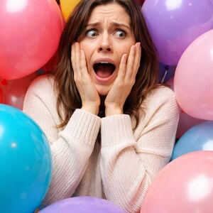 Puede incluir: Una mujer con los ojos muy abiertos y la boca abierta, pareciendo sorprendida, rodeada de globos de colores. Los globos son de color rosa, amarillo, azul y morado. Lleva un suéter color crema.