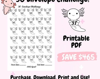 Kawaii Pink Axolotl Money Saving Challenge~30 day Money Saving Challenge~Saving Tracker for Cash Envelope~Cute Money Saving Challenge~