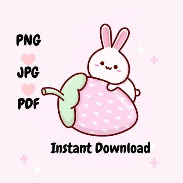 Kawaii Pink Strawberry Bunny, digital clipart, kawaii clipart, Bunny Clipart, Cute Kawaii Clipart, Planner Clipart, Instant Download