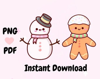 Kawaii Snowman and Gingerbread, digital, kawaii clipart, Christmas Clipart, Cute Kawaii Clipart, Planner Clipart, Instant Download
