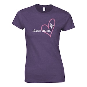 T-shirt de danse Mom ras du cou pour femmes | T-shirt pour maman Script Dance avec danseuse et coeur | Cadeau pour maman de récital | T-shirt mignon pour parents de danse
