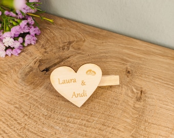 Wedding pin heart made of wood, personalized wooden heart with engraving and wooden clip