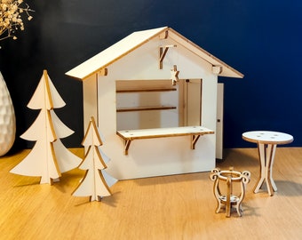Kit stand de gnomes marché de Noël / set miniature étal de marché de Noël, table de bar, brasero, sapins / stand de vente de gnomes Noël