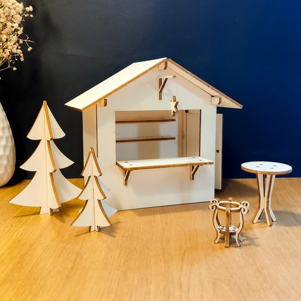 Kit stand degli gnomi mercatino di Natale / set miniature bancarella del mercatino di Natale, tavolo da bar, braciere, abeti / stand vendita degli gnomi di Natale