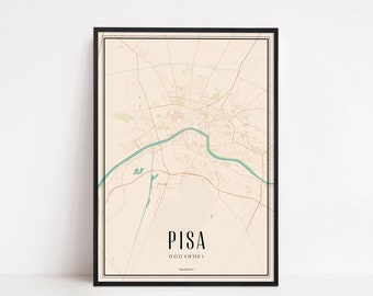 Pisa city map Edizioni Ponte Vecchio by G B Probst F B Werner Vintage art engraving print of Perspective view of Pisa