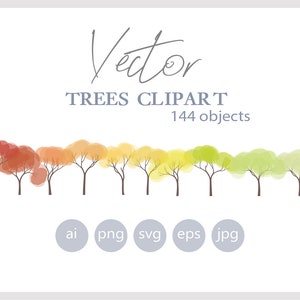 144 Set of Flat vector trees Clipart - Flat Vector Plant Illustration  - Watercolor vector trees Ai - Svg - Png - Jpg - Eps