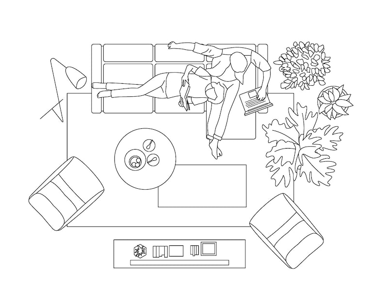 Vector Illustration TOP View Furniture and Decor Elements Living Room