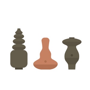 May include: Three ceramic vases in different shapes and colors. The vase on the left is tall and brown with a layered design. The vase in the middle is short and brown with a rounded shape. The vase on the right is brown with a rounded top and a narrow base.