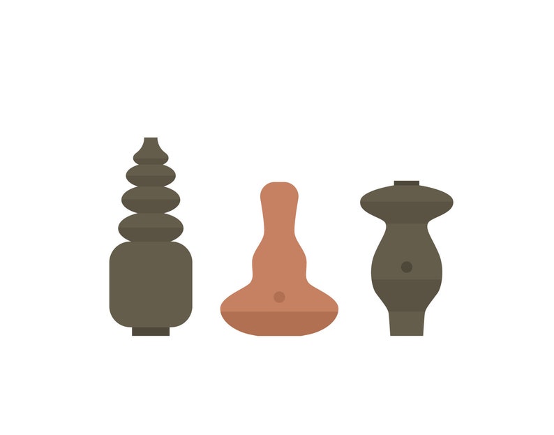 May include: Three ceramic vases in different shapes and colors. The vase on the left is tall and brown with a layered design. The vase in the middle is short and brown with a rounded shape. The vase on the right is brown with a rounded top and a narrow base.