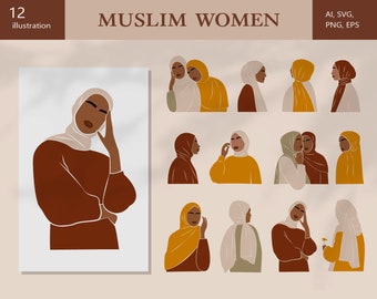 Mulheres muçulmanas SVG, mulheres em hijab, clipart de mulher, clipart de vetor feminino, PNG feminino abstrato, uso comercial