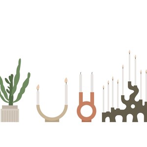 May include: A set of four candle holders, each with a unique design. The first is a simple, modern design with a brown base and two white candles. The second is a more traditional design with a brown base and a single white candle. The third is a modern design with a brown base and two white candles. The fourth is a more traditional design with a brown base and a single white candle. The set also includes a small potted cactus.