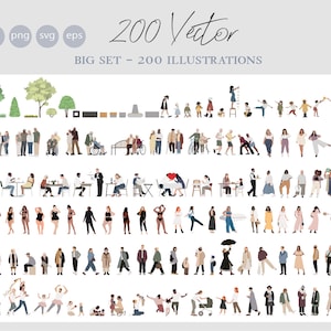 200 MEGA BIG SET- Flat vector cutout people - Ai - Png - Svg- male, female, kids, sitting, standing, going, playing, working, old, young,