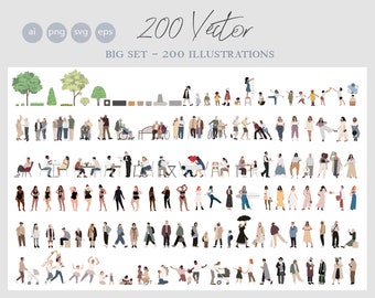 200 MEGA BIG SET- Flat vector cutout people - Ai - Png - Svg- male, female, kids, sitting, standing, going, playing, working, old, young,