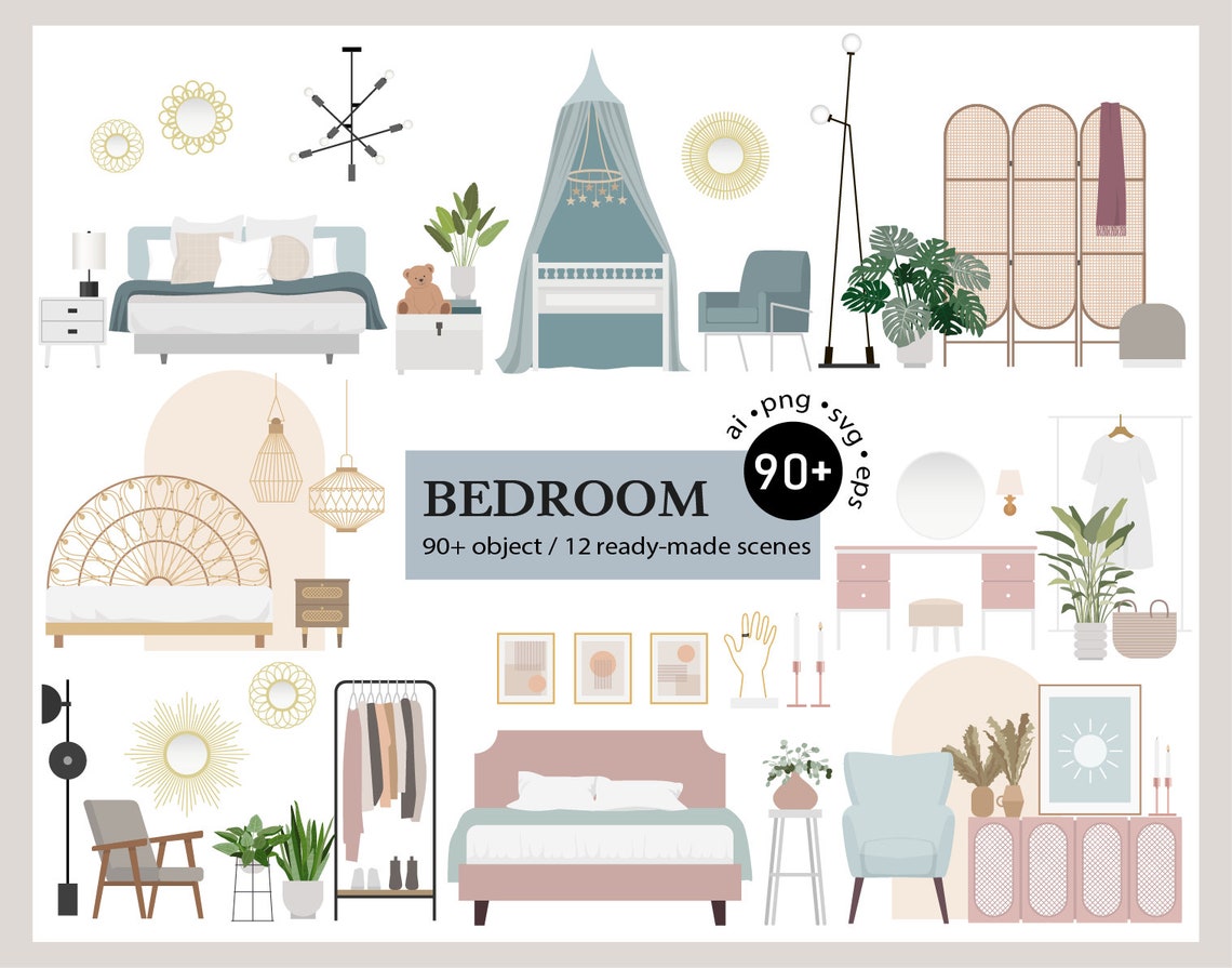 90 Flat Vector Illustration Bedroom Furniture Clip Art Set Etsy