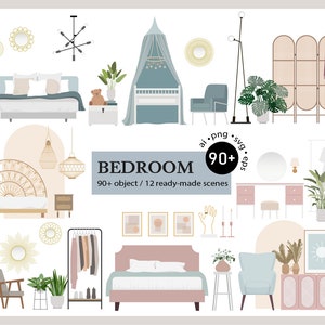 90+ Flat vector illustration - Bedroom Furniture Clip Art Set - Furniture interior decor elements - AI -  Png -  Svg - Eps