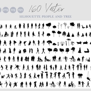 Può includere: Una collezione di 160 illustrazioni vettoriali di silhouette in bianco e nero di persone e alberi. Le silhouette rappresentano una varietà di persone in diverse pose, tra cui camminare, sedersi, stare in piedi e ballare. Ci sono anche silhouette di alberi in vari stili.