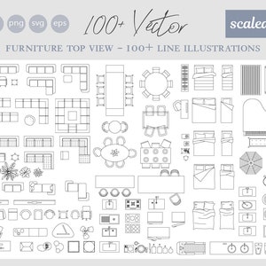 100種類以上のスケール付き1/4インチラインベクターイラスト トップビュー - 家具要素 - 寝室 - リビングルーム - バスルーム - キッチン - AI-Png-Svg-DWG