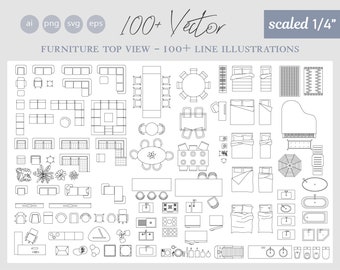 May include: A set of over 100 vector line illustrations of furniture, viewed from above. Includes sofas, tables, beds, and other home decor items. Text on the image reads "100+ Vector" and "scaled 1/4".