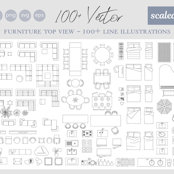 100+ geschaalde 1/4” lijn vectorillustraties TOP View - Meubelelementen - Slaapkamer - Woonkamer - Badkamer - Keuken -AI-Png-Svg-DWG