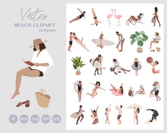 32 Flat Vector People - People on the beach - Pack of 25 Illustration - AI - Png - Jpg - Eps - SVG - Cutout